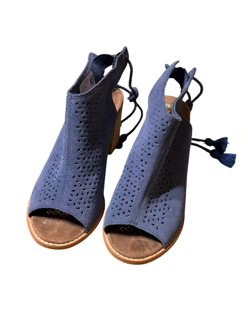 TOMS Elba Suede Blue Lace-Up Back Peep-Toe Heeled Sandals/Ankle Booties US 6.5